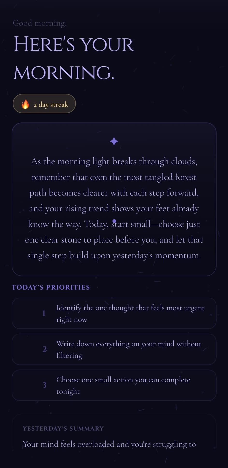 Lethis home screen — today's priorities and the flowing drop